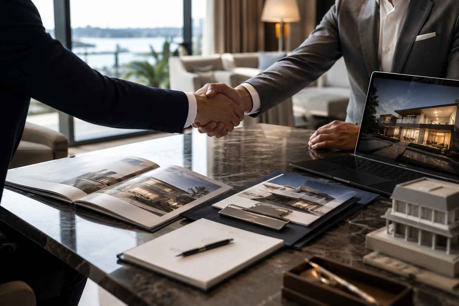 Échange professionnel autour de plans et de maquettes immobilières